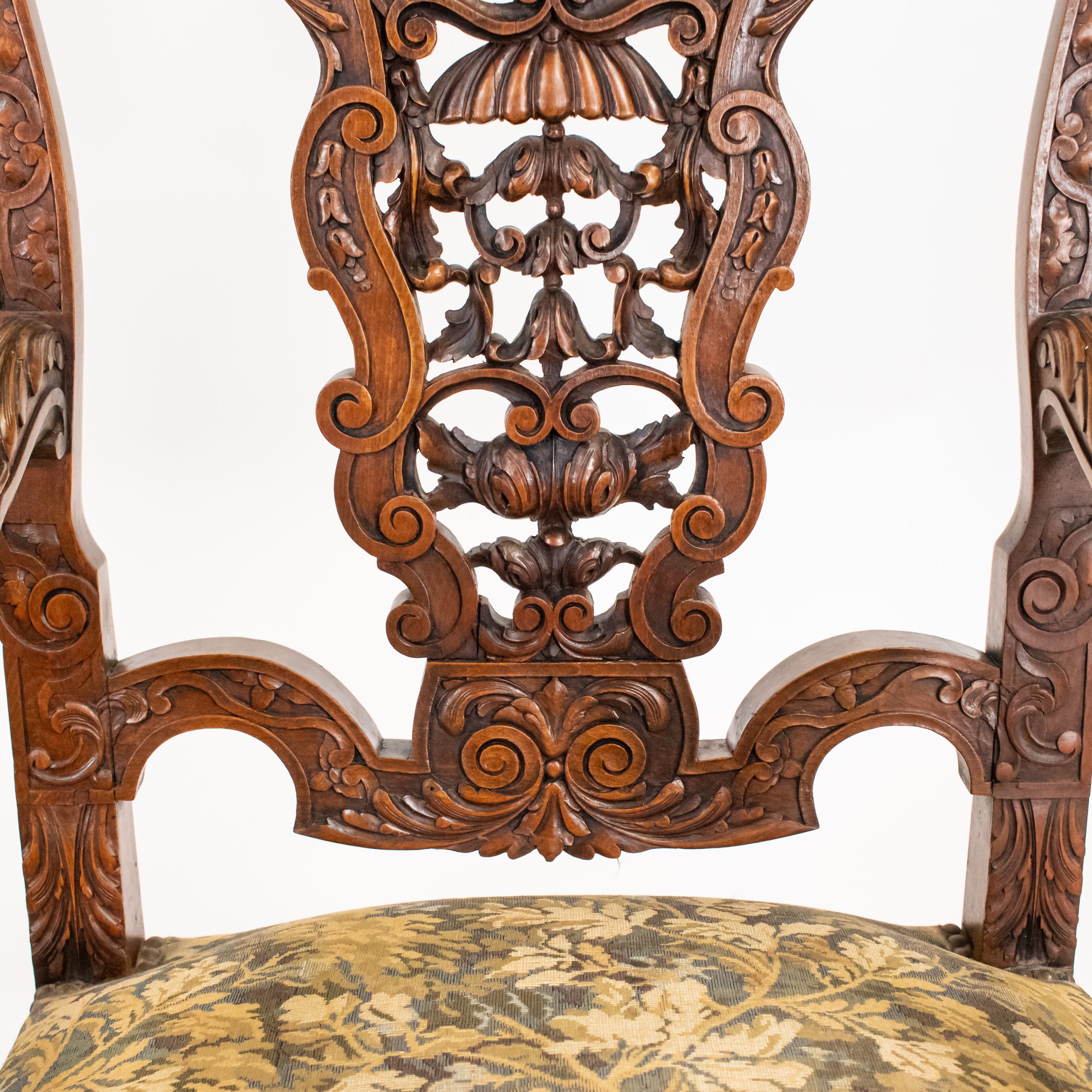 Pair of Large 19th C. French Régence / Louis XIV–XV Revival Hand‑Carved Walnut Fauteuil Armchairs/Thrones with Aubusson‑Inspired Tapestry - Image 14