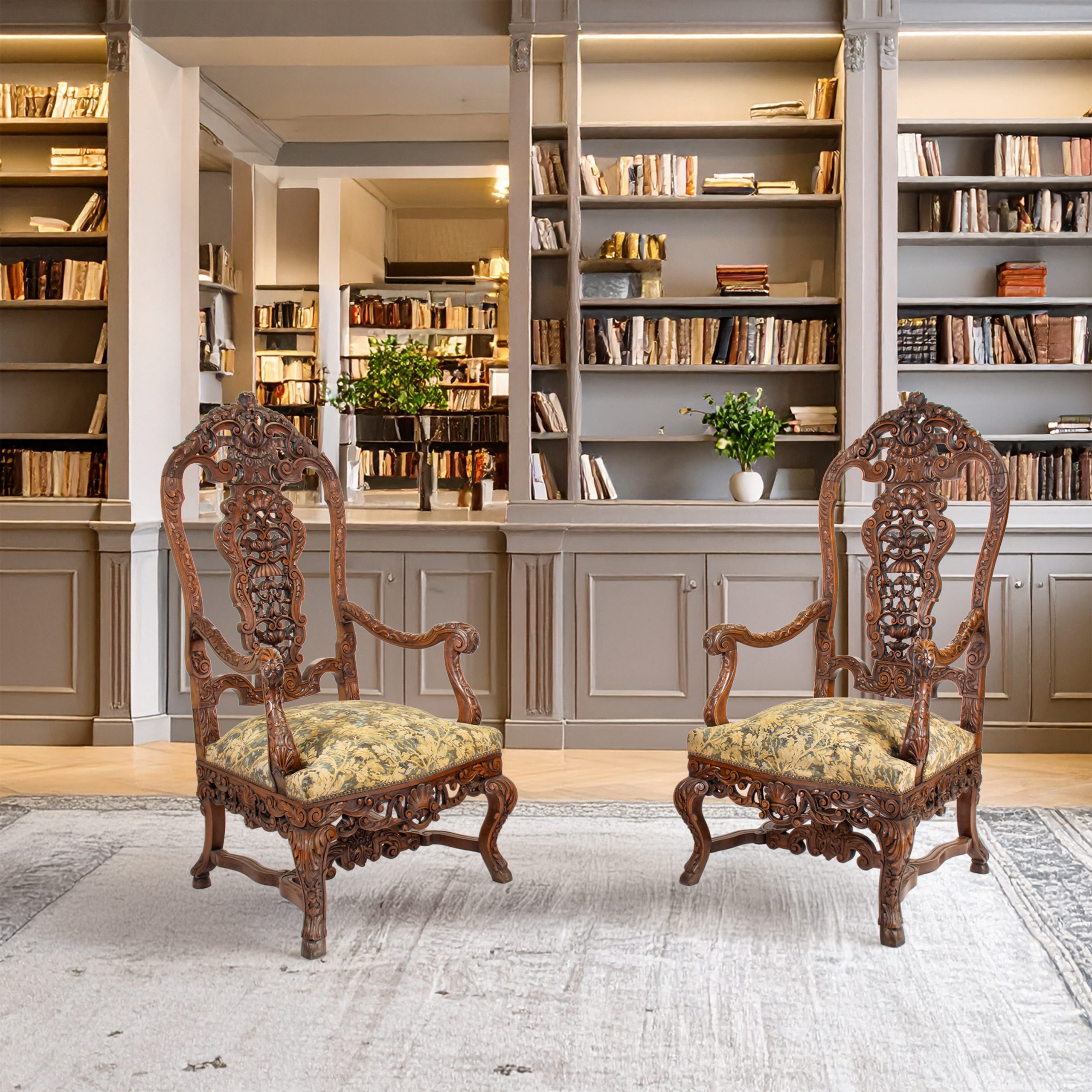 Pair of Large 19th C. French Régence / Louis XIV–XV Revival Hand‑Carved Walnut Fauteuil Armchairs/Thrones with Aubusson‑Inspired Tapestry - Image 2