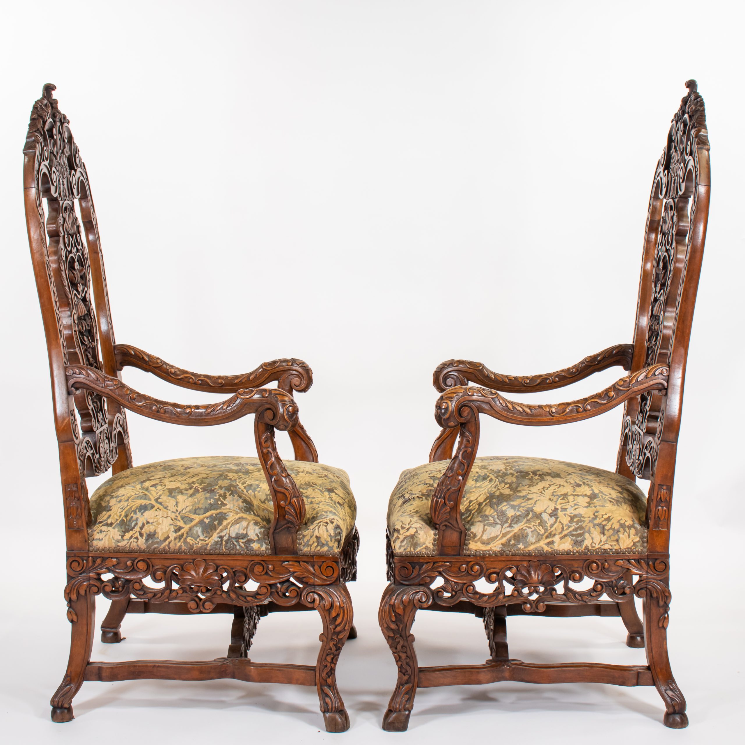 Pair of Large 19th C. French Régence / Louis XIV–XV Revival Hand‑Carved Walnut Fauteuil Armchairs/Thrones with Aubusson‑Inspired Tapestry - Image 3