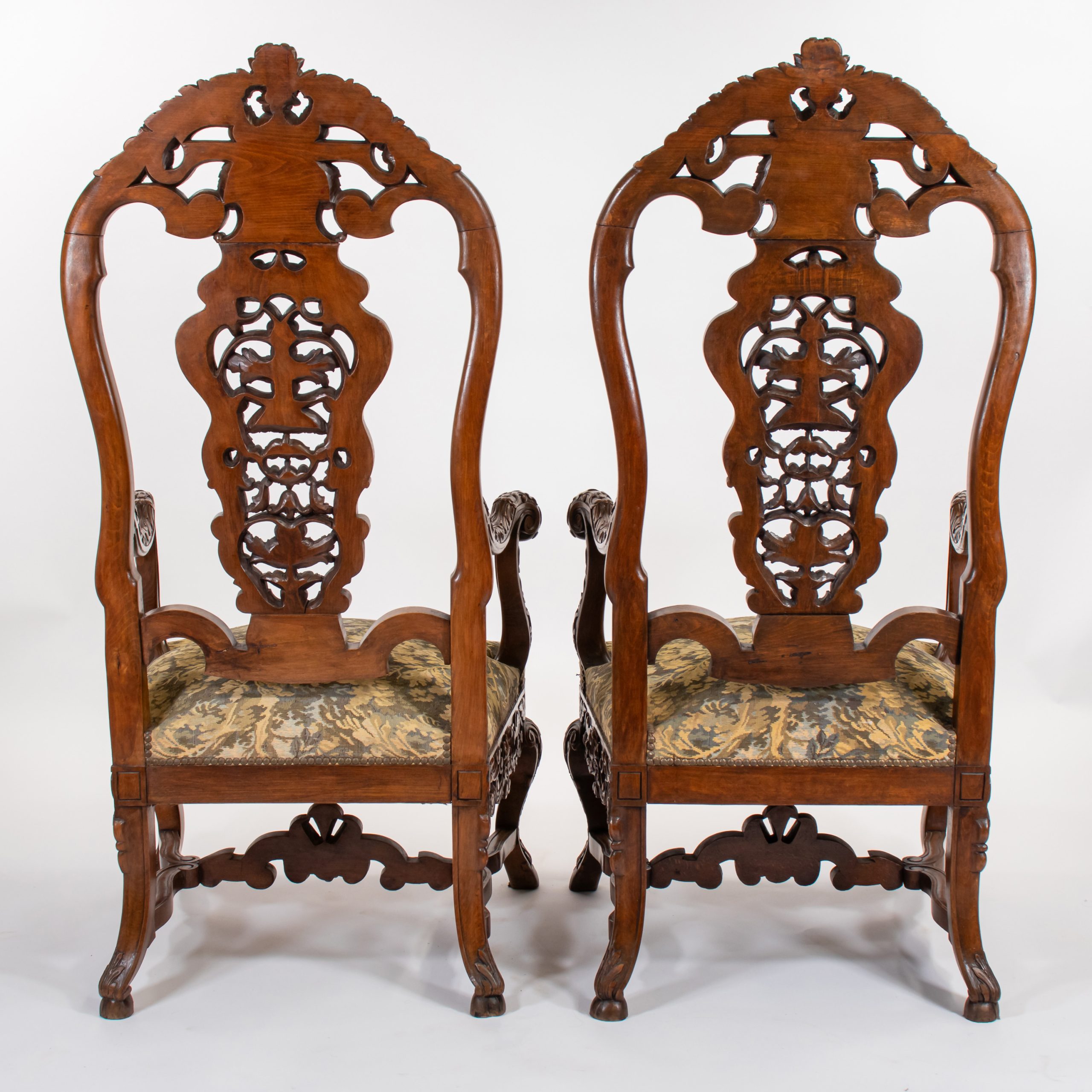Pair of Large 19th C. French Régence / Louis XIV–XV Revival Hand‑Carved Walnut Fauteuil Armchairs/Thrones with Aubusson‑Inspired Tapestry - Image 5