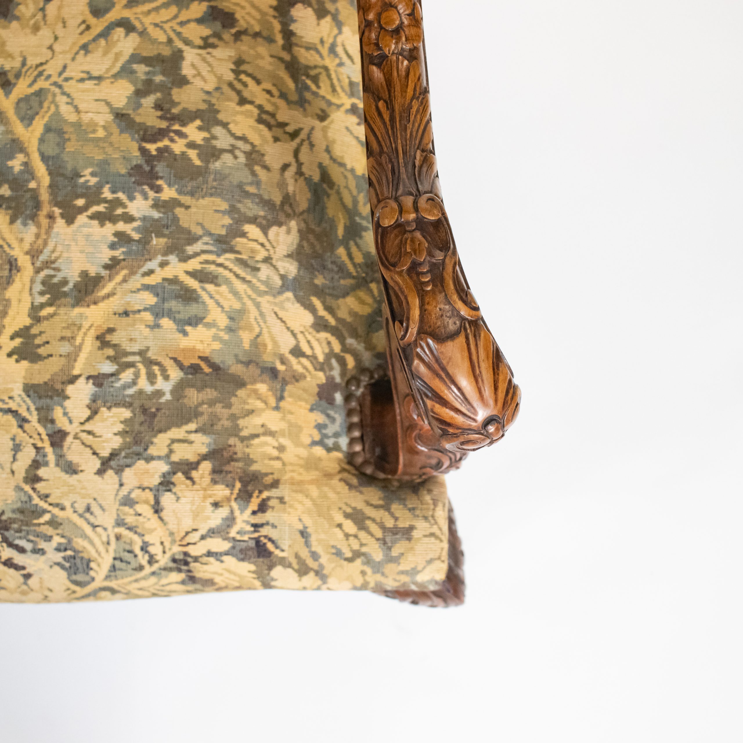 Pair of Large 19th C. French Régence / Louis XIV–XV Revival Hand‑Carved Walnut Fauteuil Armchairs/Thrones with Aubusson‑Inspired Tapestry - Image 9