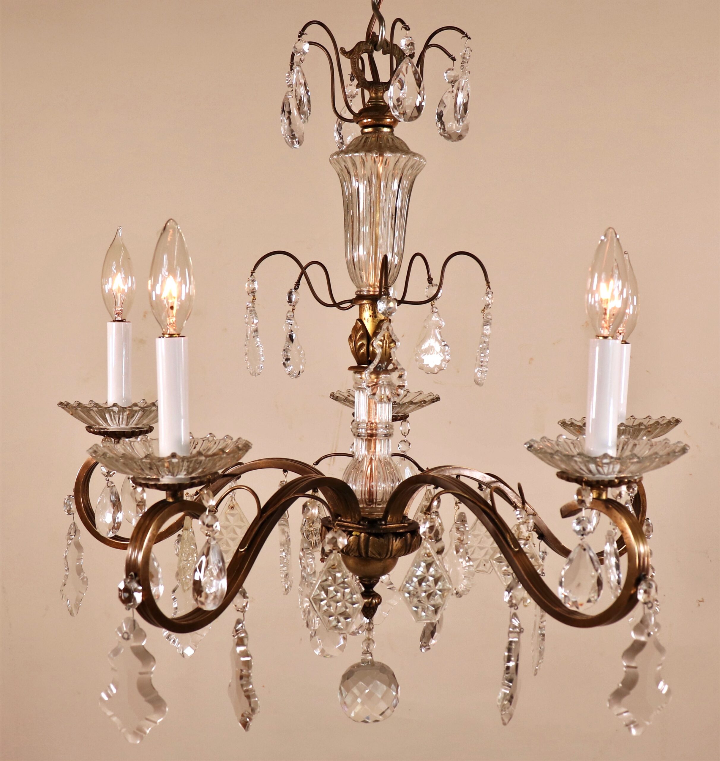 Circa 1930 French Brass and Crystal Chandelier - Antiques