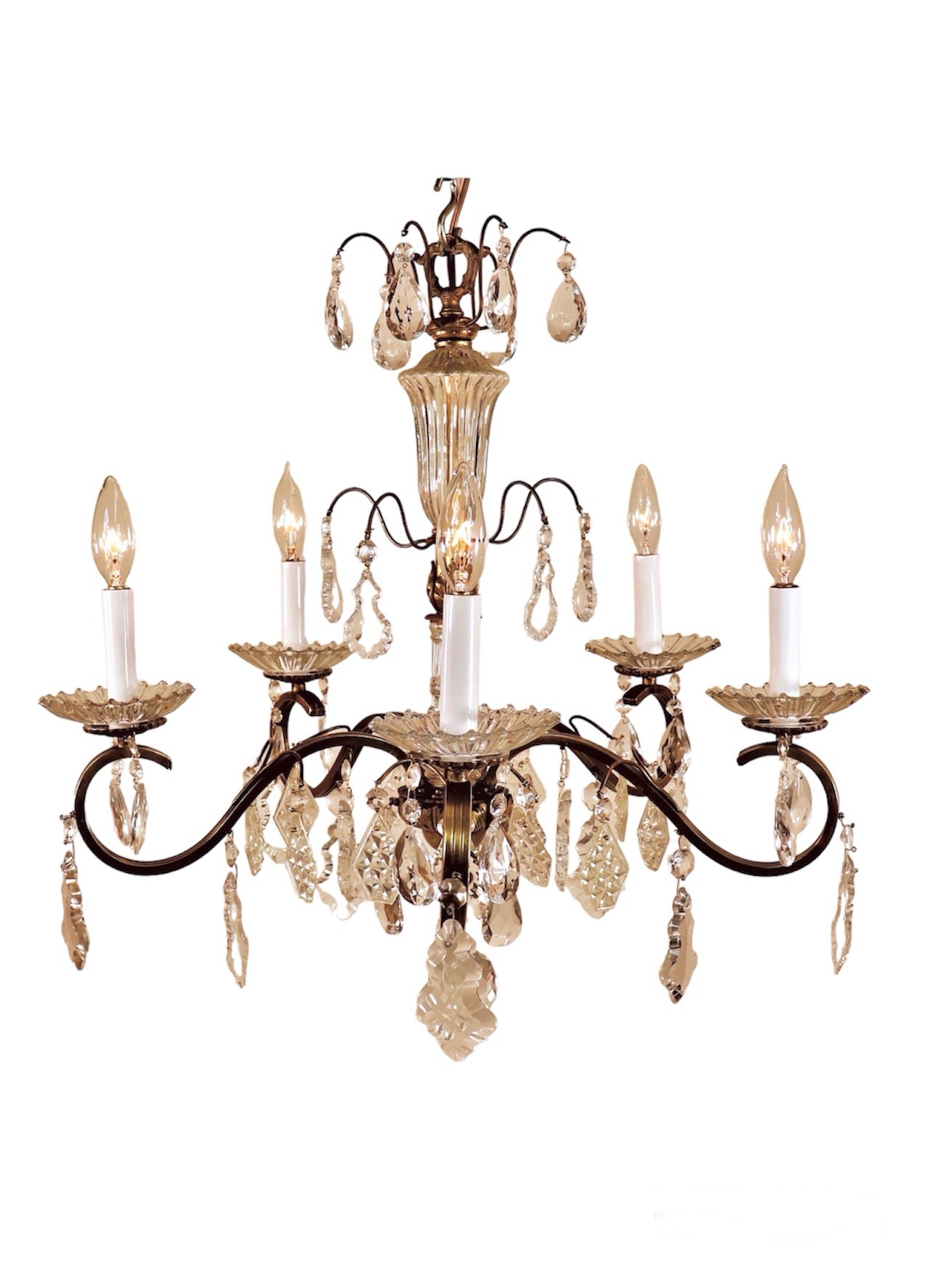 Circa 1930 French Brass and Crystal Chandelier