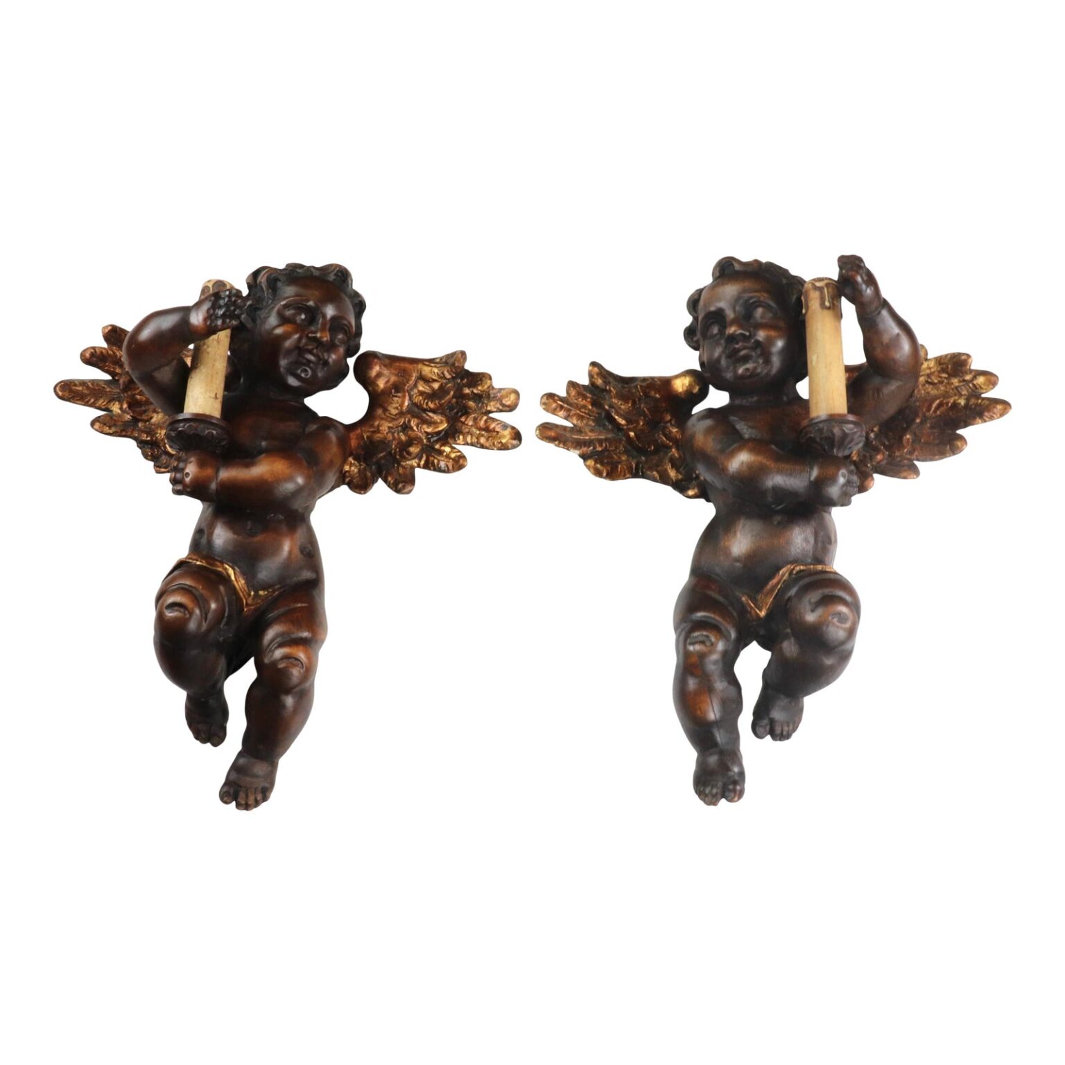 Pair Of 19th Century Italian Hand Carved Angel Cherub Sconces 