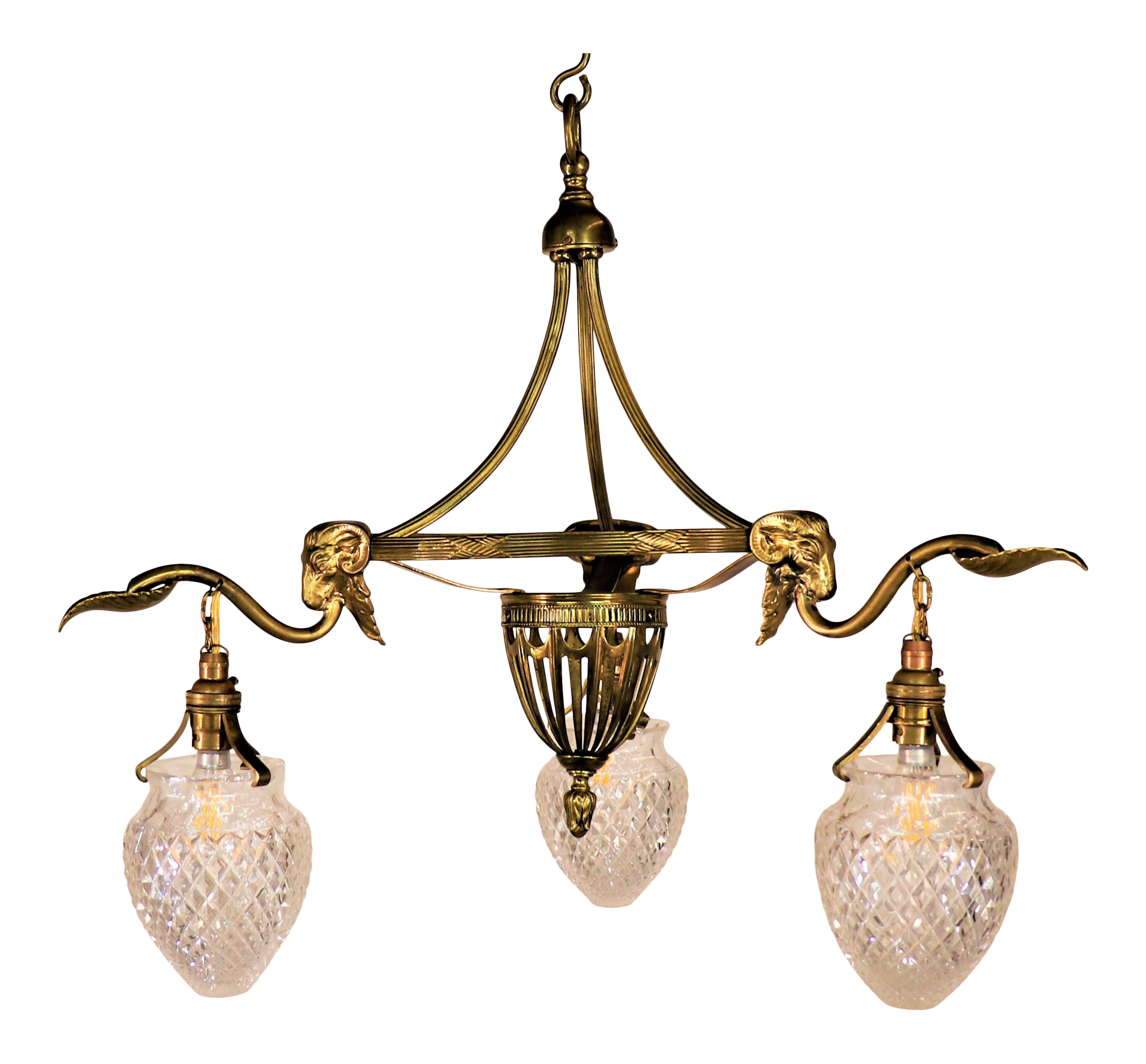 Circa 1920 French Neoclassical Ram Chandelier with Crystal Pine