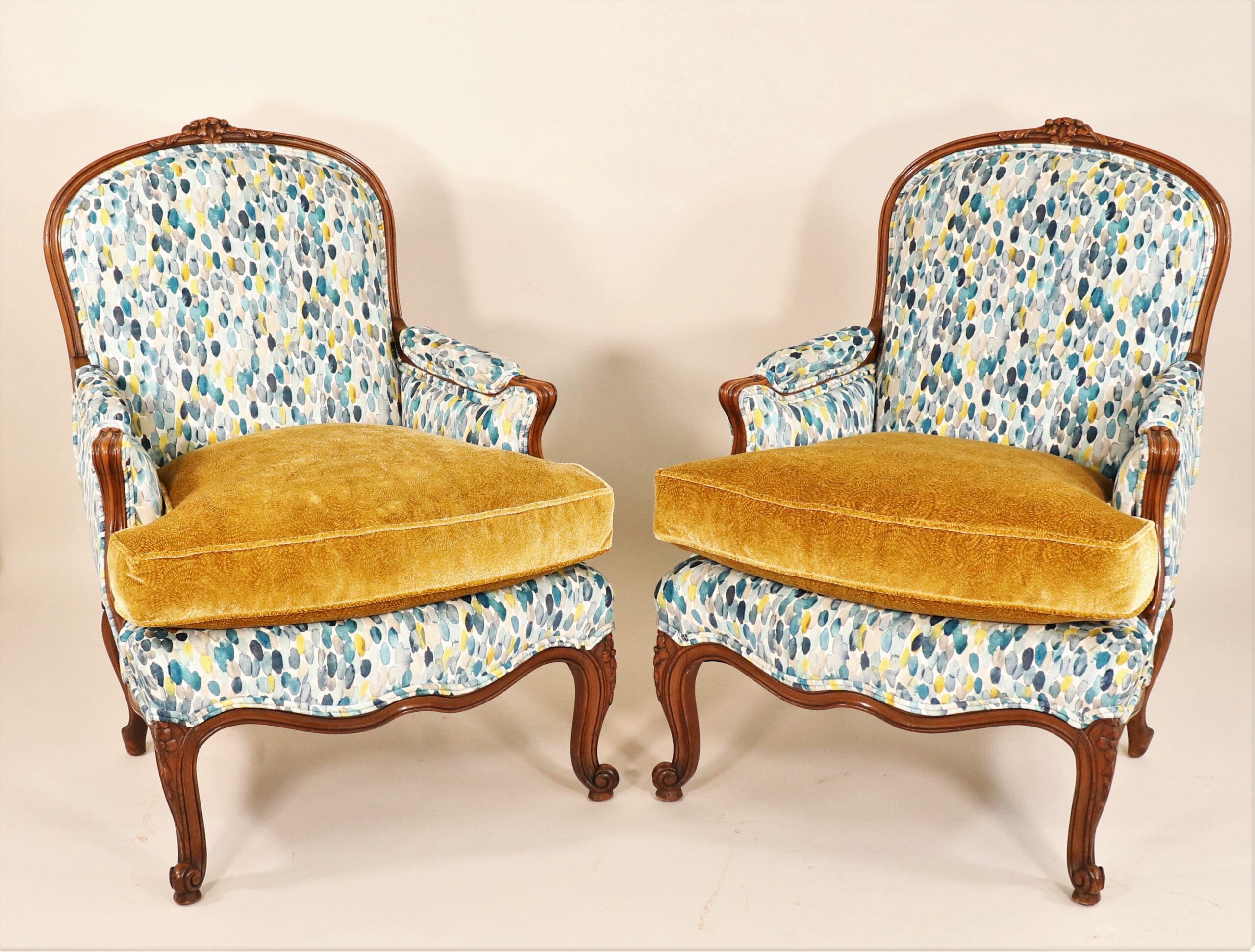 Pair of Mid-19th Century French Louis XV Style Beechwood Bergere Armchairs
