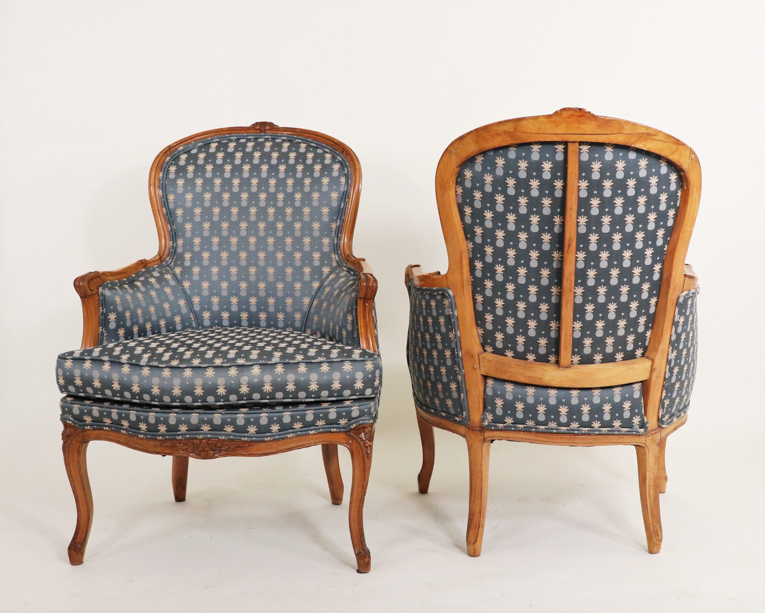 Vintage Rococo Louis XV French Tortoise Wood Bergere Chairs - a Pair