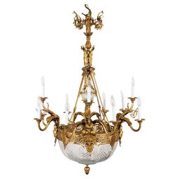 Circa 1900 French Beaux Arts Fire Gilt Bronze and Hand Cut Crystal Chandelier