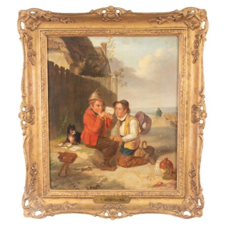 19th Century Genre Scene " Curiosity Unsealed" Oil on Canvas Attributed to Thomas Webster (English 1800-1880)