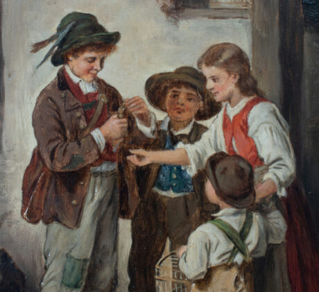 Early 19th Century Belgian Oil on Panel by André Collin (Belgian, 1862-1930) "Children's Tender Moment: Feeding a Bird " - Image 2