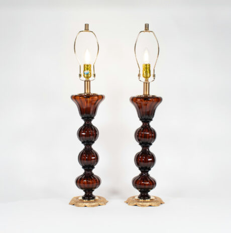 Pair of Mid Century Midnight Amber Table Lamps in the Style of Barovier & Toso - Image 2