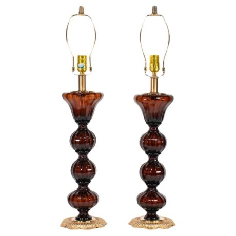 Pair of Mid Century Midnight Amber Table Lamps in the Style of Barovier & Toso