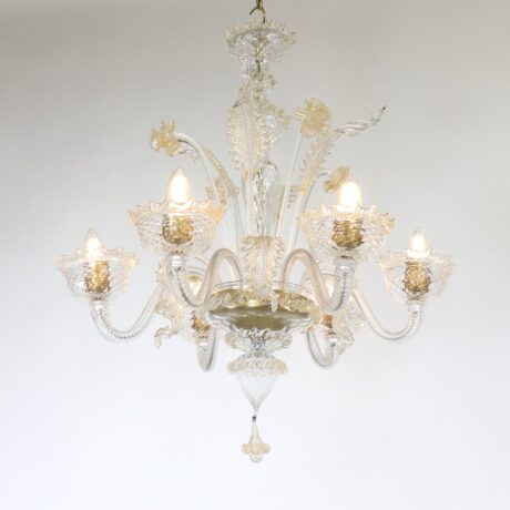 Vintage Traditional Baroque Style Floral Six-Arm 24k Gold Infused Cristallo Murano Glass Chandelier - Image 3