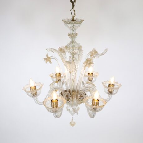 Vintage Traditional Baroque Style Floral Six-Arm 24k Gold Infused Cristallo Murano Glass Chandelier - Image 4