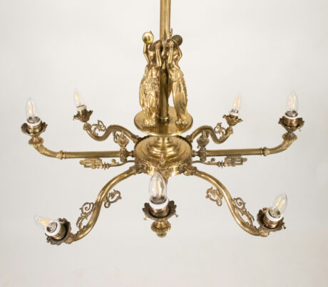 Late 19th Century Victorian Neoclassical Bronze Eight Light Chandelier with Frosted and Etched Glass Shades - Image 3