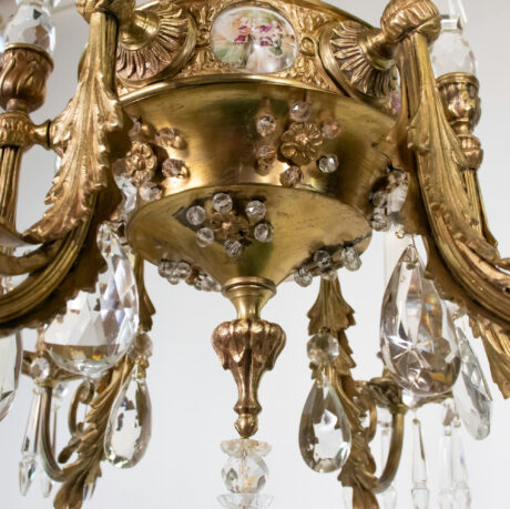 Early 20th Century French Rococo Revival Six Arm Gilt Bronze and Crystal Chandelier with Porcelain Plaques - Image 4