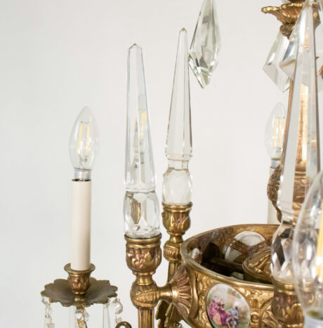 Early 20th Century French Rococo Revival Six Arm Gilt Bronze and Crystal Chandelier with Porcelain Plaques - Image 13