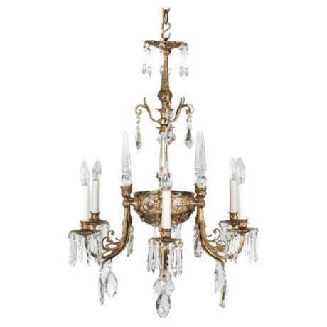 Early 20th Century French Rococo Revival Six Arm Gilt Bronze and Crystal Chandelier with Porcelain Plaques