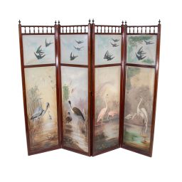 Mid-19th Century English Aesthetic Movement Oil on Canvas Four Panel Screen of Birds