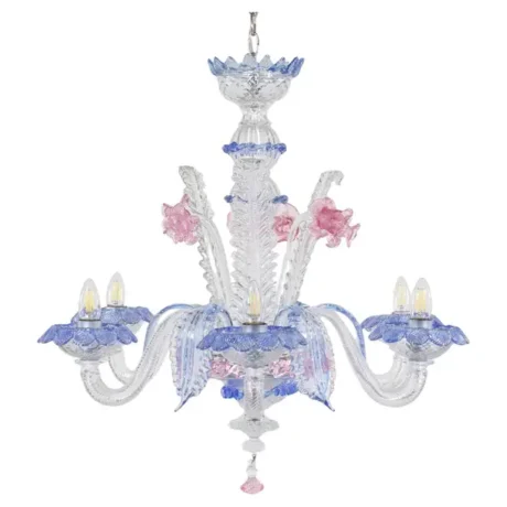 Vintage Baroque Style Pink and Blue Floral Murano Chandelier