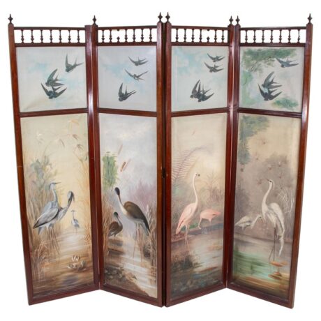 Mid-19th Century English Aesthetic Movement Oil on Canvas Four Panel Screen of Birds