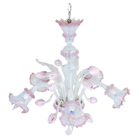 Vintage Baroque Style Opaline Murano Chandelier with Pink Lattimo Tulips and Rigaree Trim