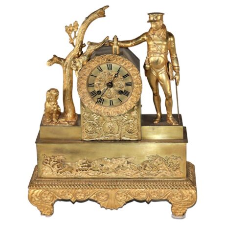 19th Century French Napoleon III Empire Gilt Bronze Clock with Hunting Motifs