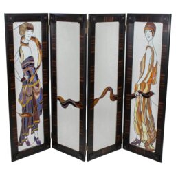 Art Deco Four Panel Stained Glass Screen Divider with Macassar Trim Featuring Iconic Flappers
