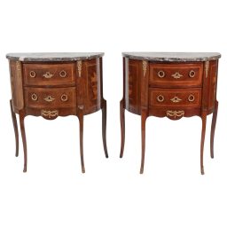 Pair of Vintage French Louis XVI Style Demilune Console Tables With Marble Tops