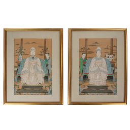 Pair of Large Midcentury Qing Style Chinese Ancestral Portraits Newly Framed and Matted