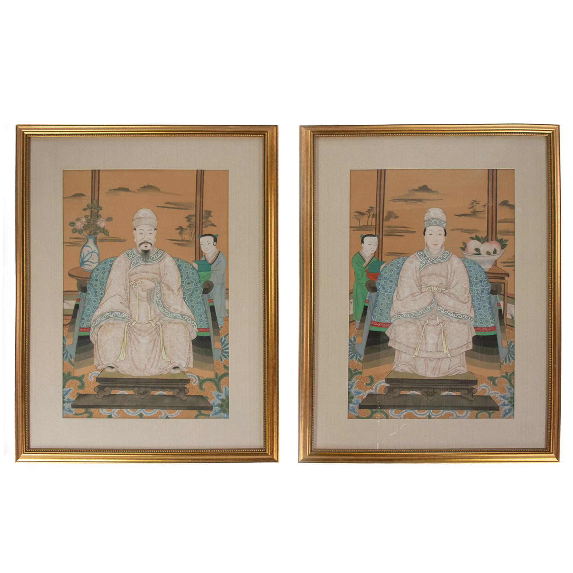 Pair of Large Midcentury Qing Style Chinese Ancestral Portraits Newly Framed and Matted