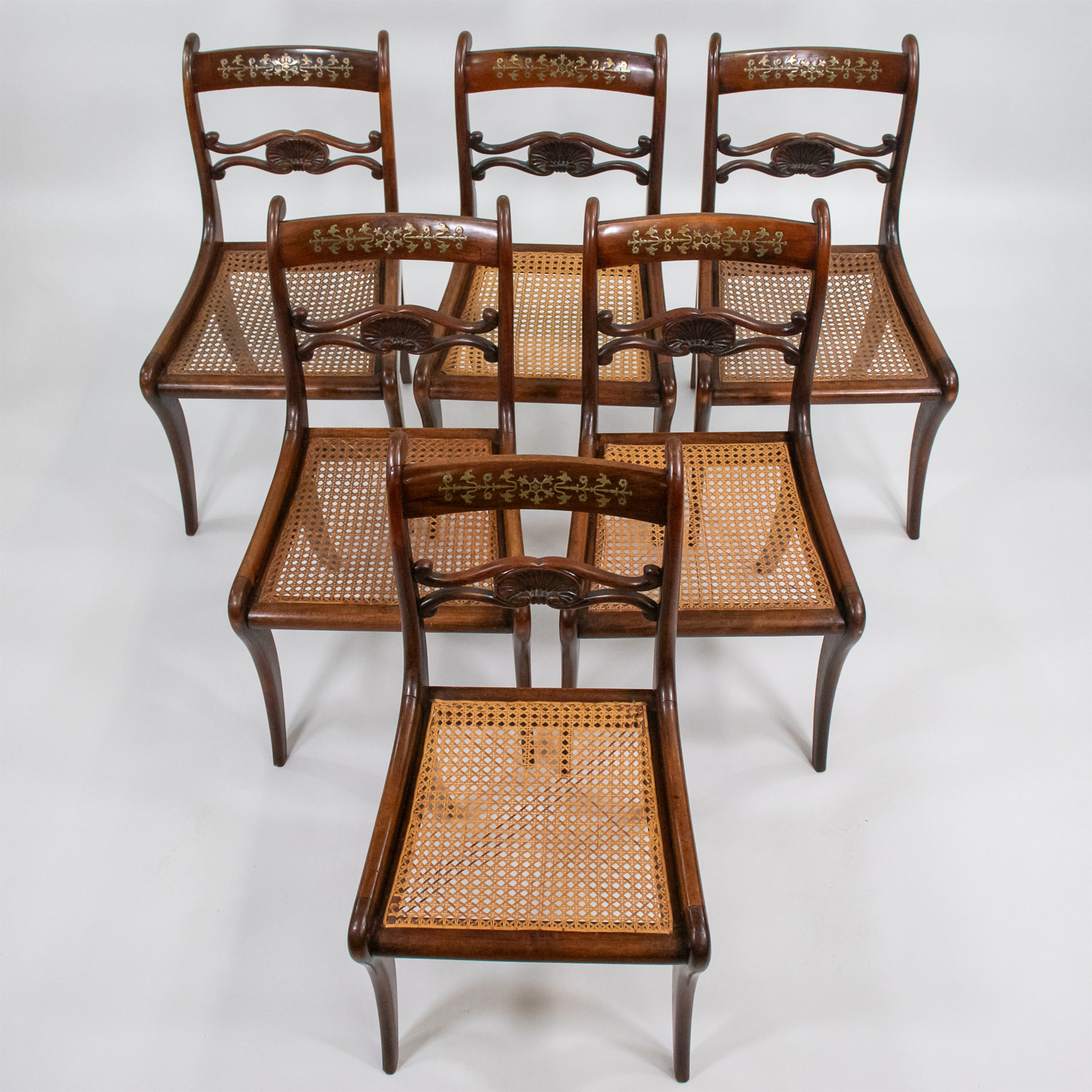 Set of Six Early 19th Century English Regency Period Faux Rosewood Chairs with Brass-Inlaid Tablet Cresting Rails, Circa 1810-20 - Image 2