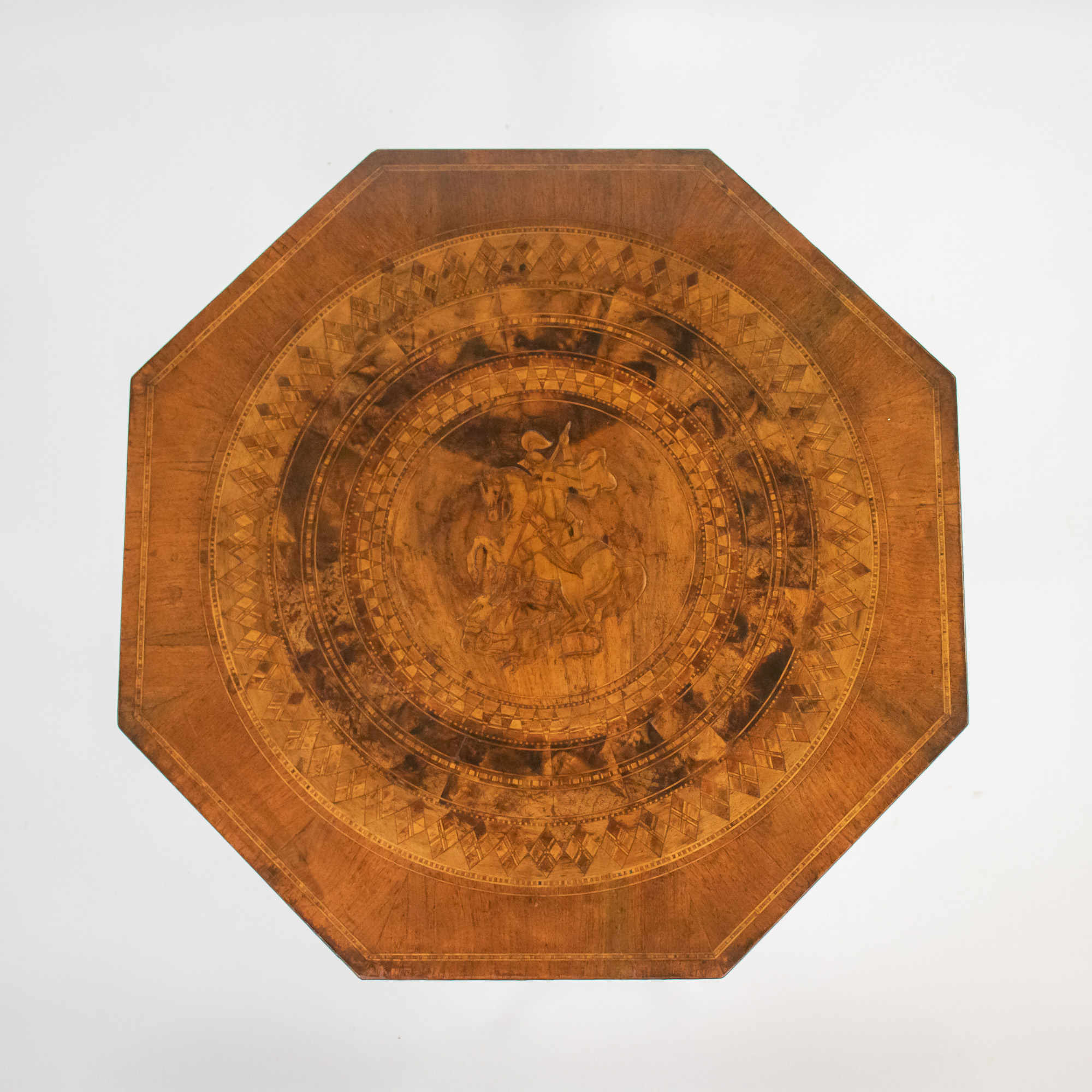 Late 19th Century Italian Renaissance Revival Octagonal Burl Walnut Marquetry Table with St. George - Image 2