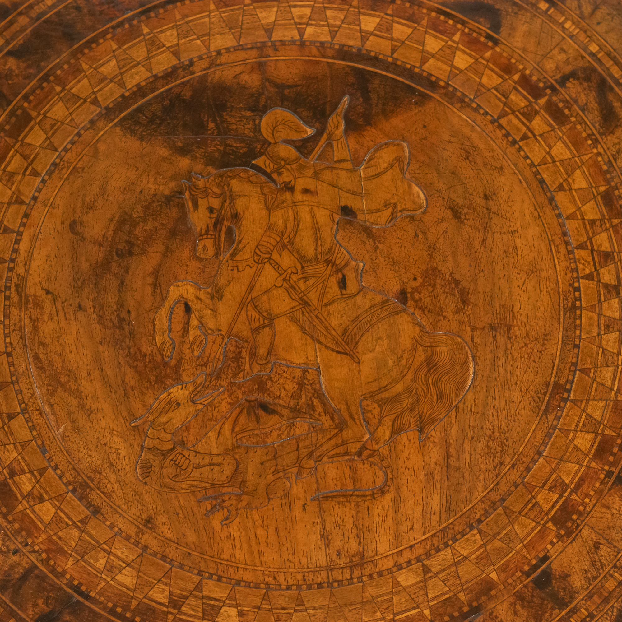 Late 19th Century Italian Renaissance Revival Octagonal Burl Walnut Marquetry Table with St. George - Image 3
