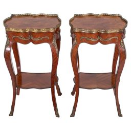 Pair of Early 20th Century French End Table Gueridons with Inlaid Tops and Brass Gallery