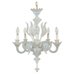Vintage Baroque Style 5-Arm Gold Infused Opaline Murano Chandelier in the Manner of Giuseppe Briati