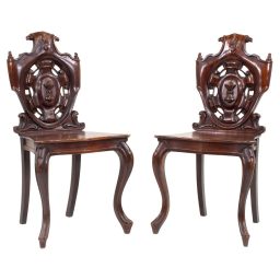 Pair of 19th Century English Victorian Gothic Revival Mahogany Hall Chairs