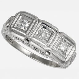 Art Deco 14K White Gold Filigree Three-Stone Diamond Trilogy / Trinity Ring, 0.21ctw