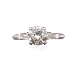 Mid‑Century Round Brilliant‑Cut 0.88ct Diamond Ring, Iridium‑Platinum, with Two Tapered Baguette Diamonds Attributed to Shreve, Crump & Low Jewelers