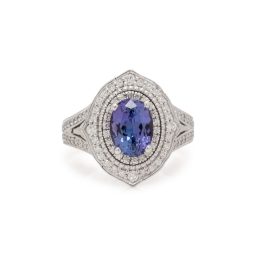 Modern 2.15 ct Tanzanite and 1.50 ctw Diamond Double Halo Cocktail Ring in 14K White Gold