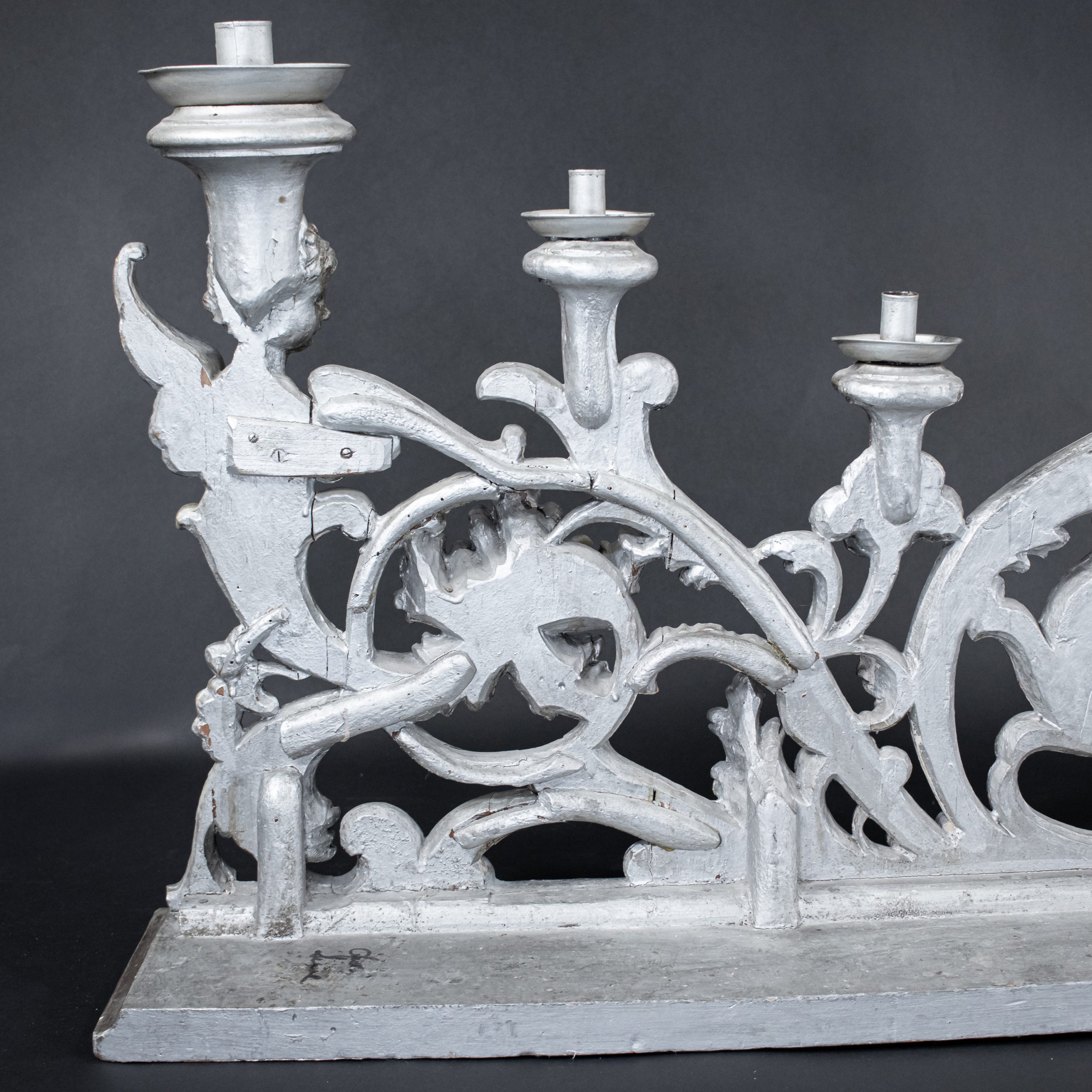 Large 19th Century Italian Rococo Revival Silver‑Leaf Carved Wood Altar Candelabra - Image 17