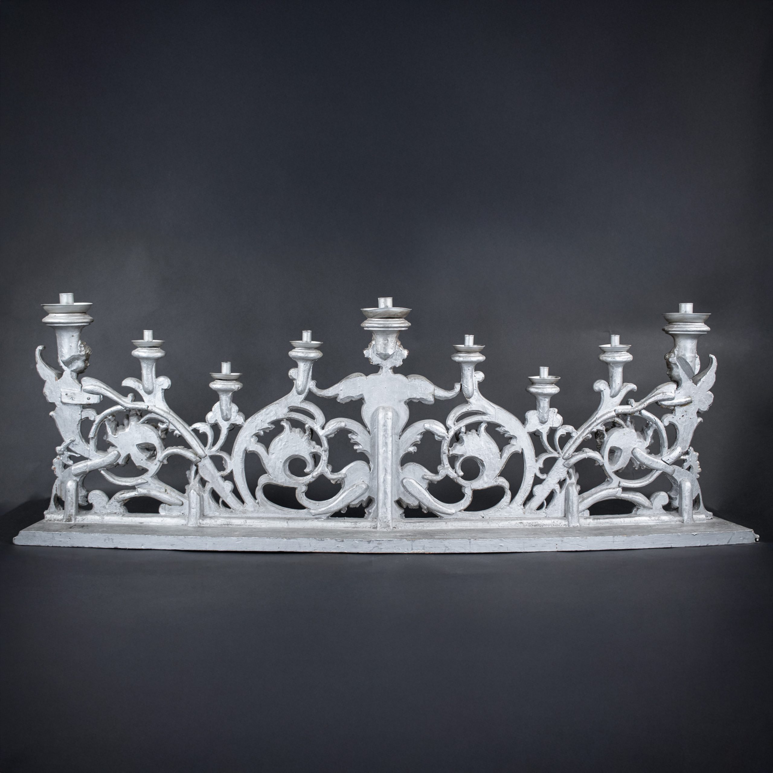Large 19th Century Italian Rococo Revival Silver‑Leaf Carved Wood Altar Candelabra - Image 19