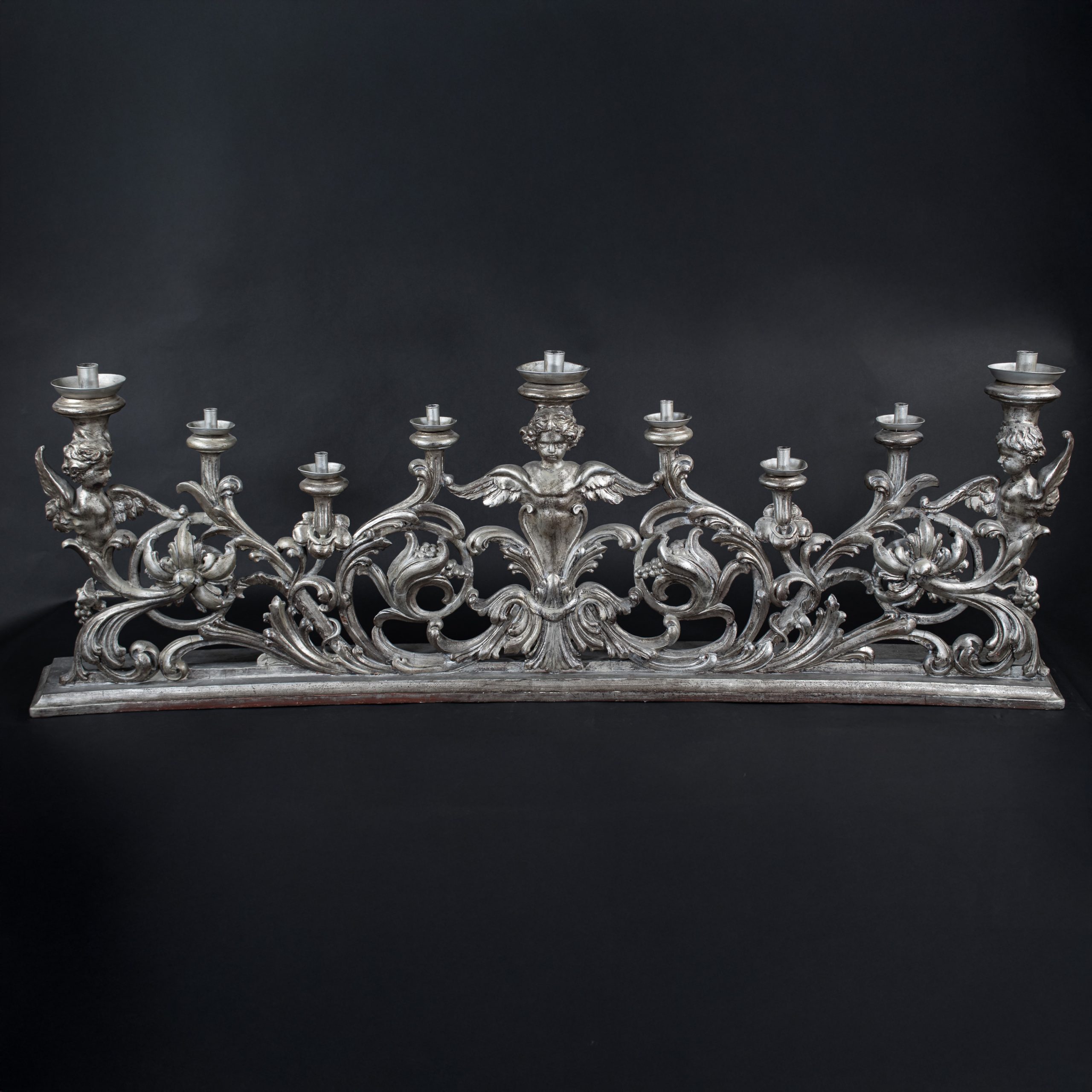 Large 19th Century Italian Rococo Revival Silver‑Leaf Carved Wood Altar Candelabra - Image 2