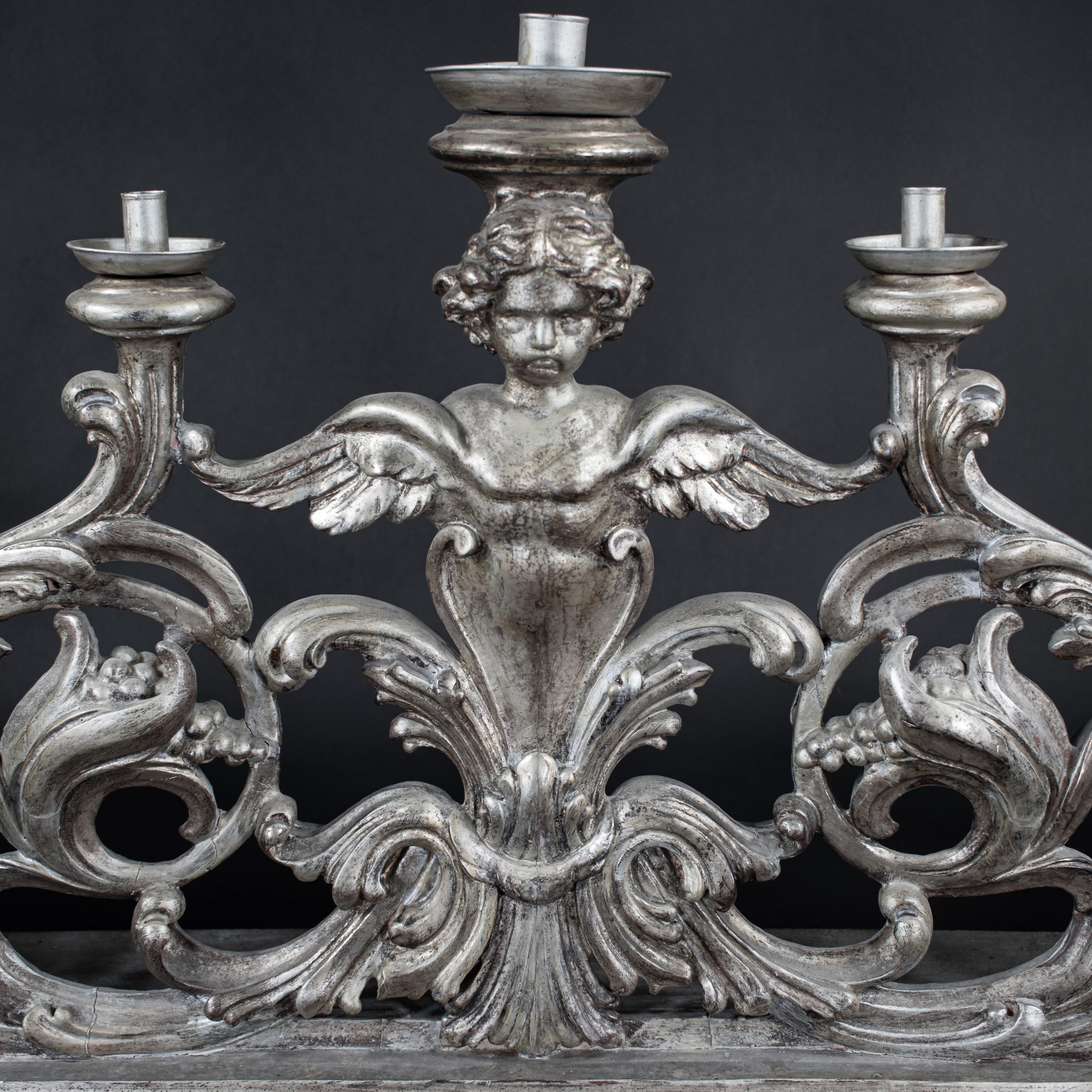 Large 19th Century Italian Rococo Revival Silver‑Leaf Carved Wood Altar Candelabra - Image 4