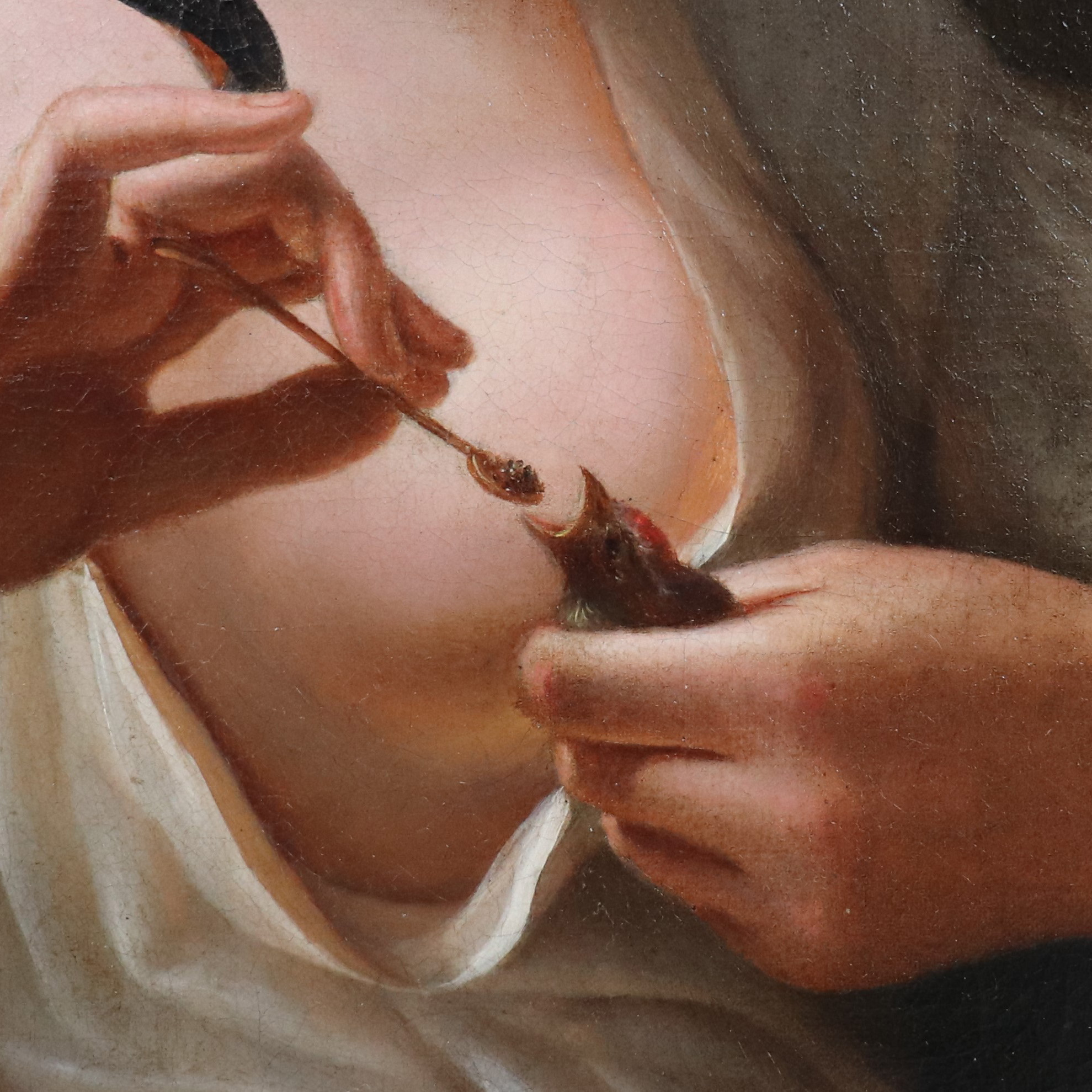 Mid-19th-Century French School Genre Painting, "Feeding the Bird" Evoking the Tradition of Greuze - Image 6