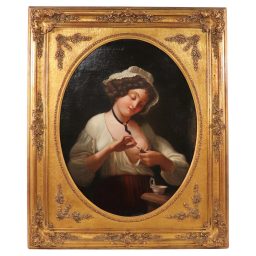 Mid-19th-Century French School Genre Painting, "Feeding the Bird" Evoking the Tradition of Greuze