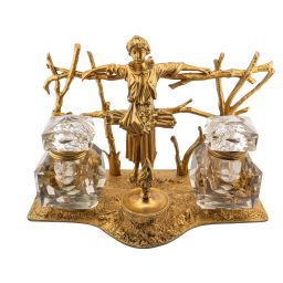 Early 20th Century Reproduction Solid Figural Gilt-Bronze and Hand-Cut Crystal Inkwell After Demetre H. Chiparus