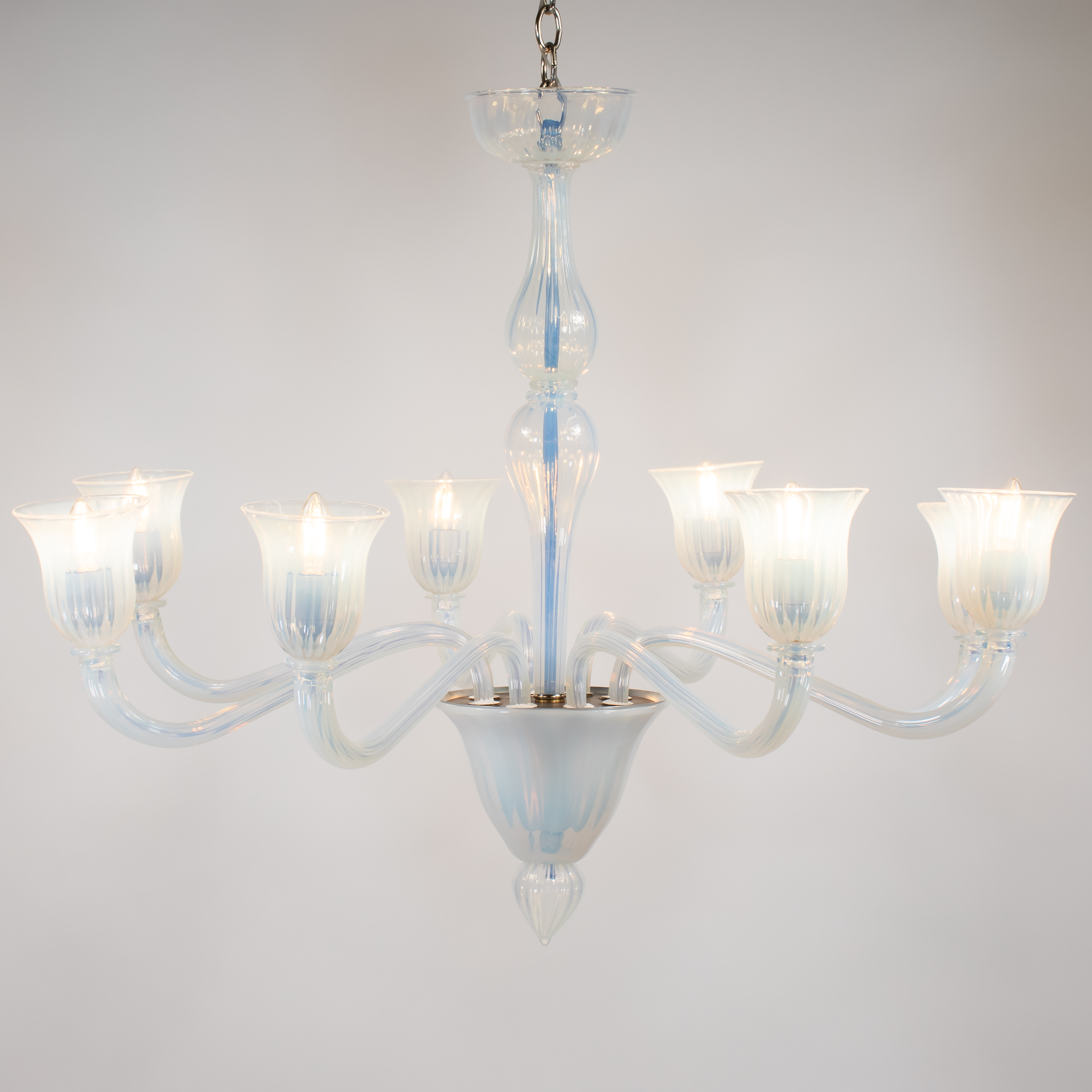 Large Vintage Eight Arm Opaline Murano Glass Chandelier in the Manner of Barovier & Toso - Image 13