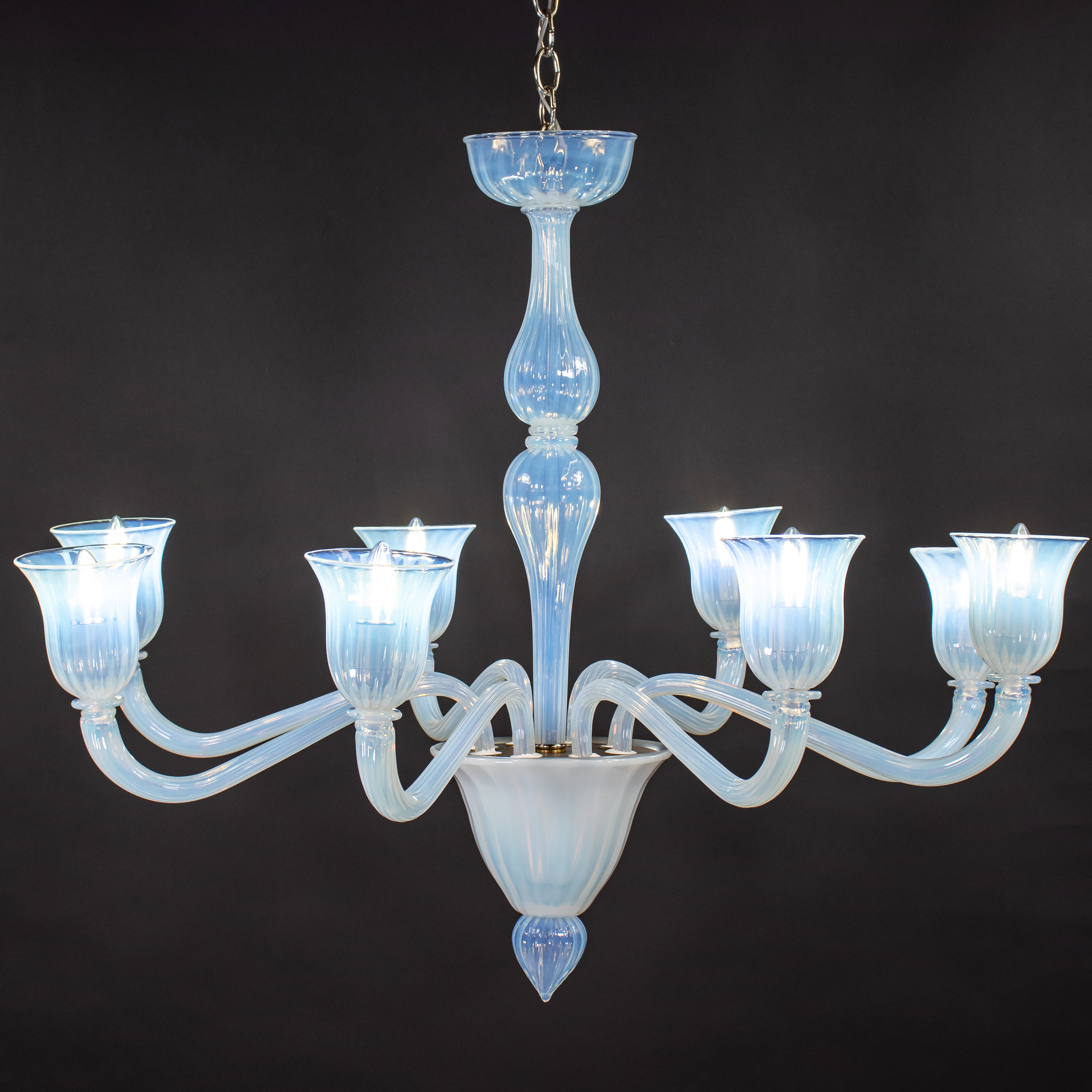 Large Vintage Eight Arm Opaline Murano Glass Chandelier in the Manner of Barovier & Toso - Image 2