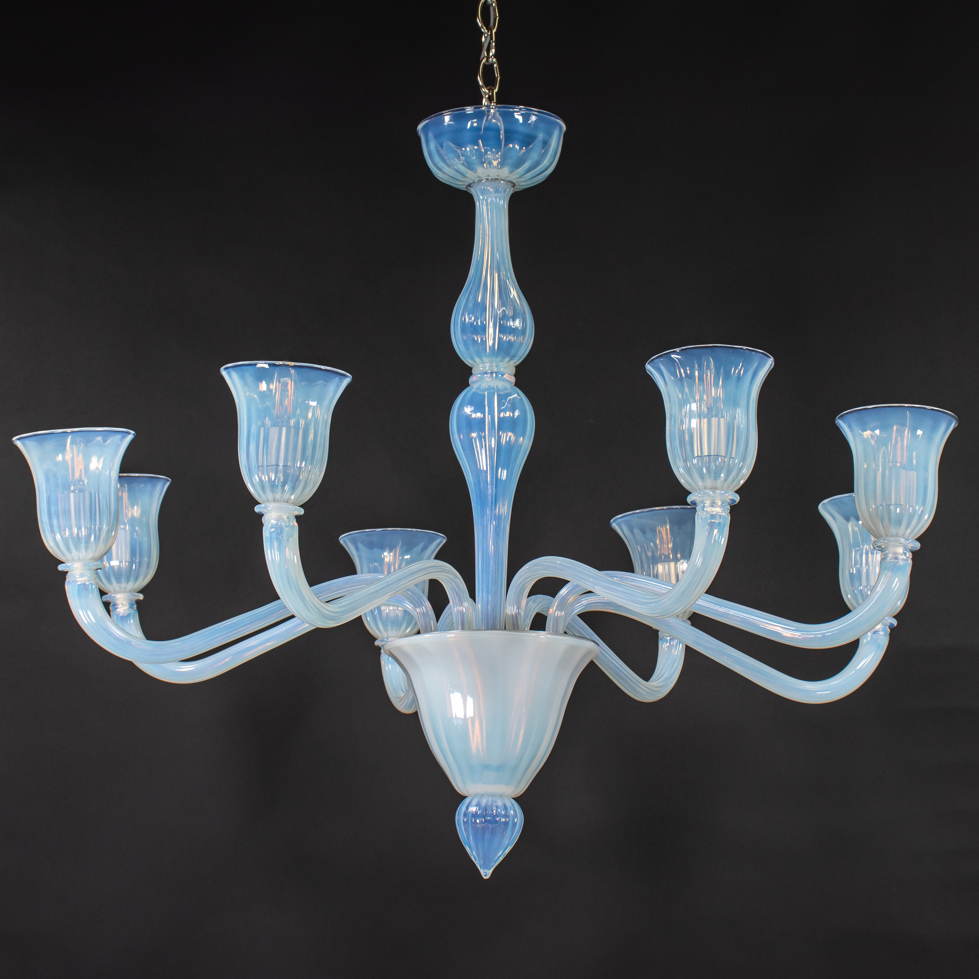 Large Vintage Eight Arm Opaline Murano Glass Chandelier in the Manner of Barovier & Toso - Image 3